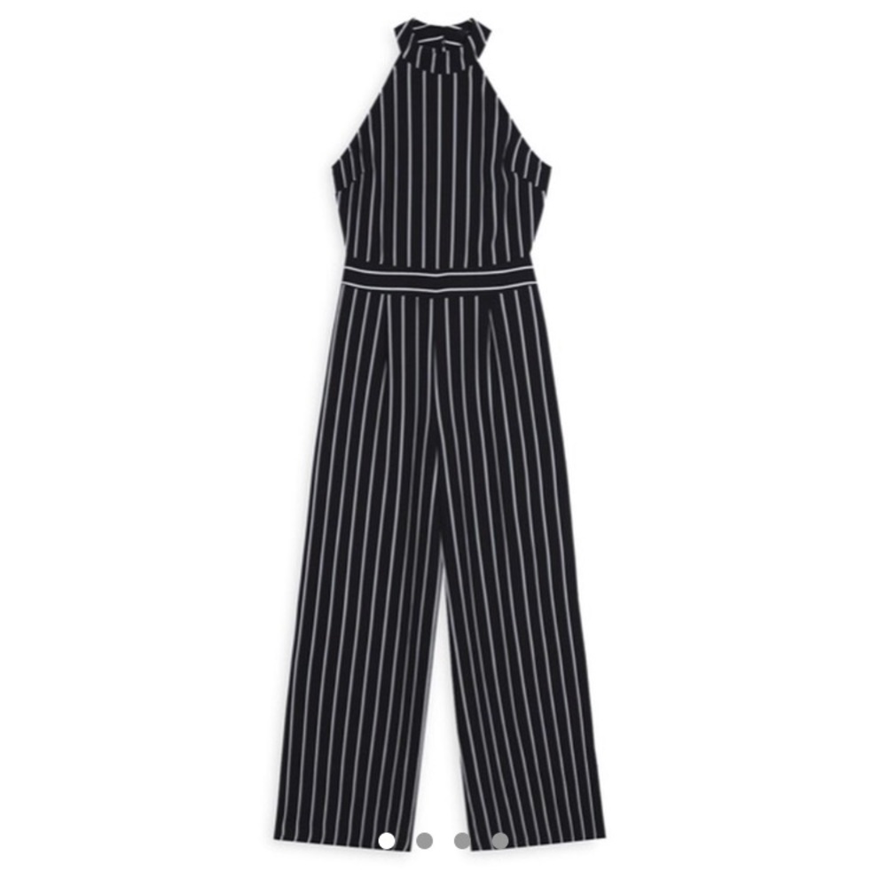 Black and white striped wide leg jumpsuit